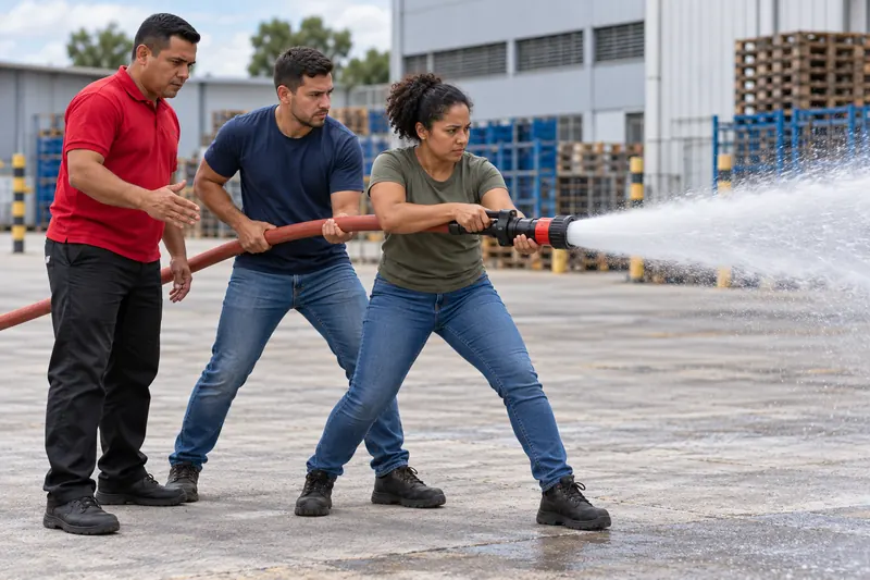 Funcionários treinando com mangueira de hidrante orientados por instrutor