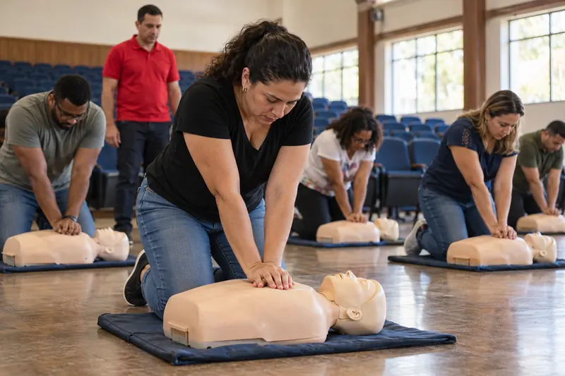 Professores praticando reanimação em manequins